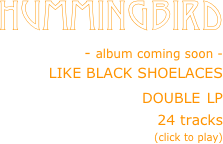 HUMMINGBIRD
- album coming soon -
LIKE BLACK SHOELACES
DOUBLE LP 
24 tracks
(click to play)